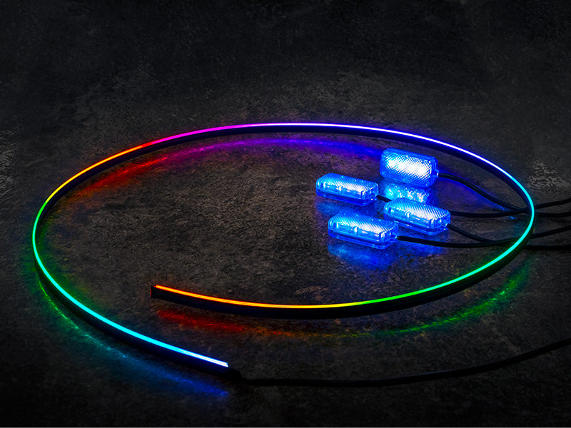 LED RGB Auton Sisävalosarja - Kaukosäädin & APP-ohjaus | 4 Jalkatilan Valoa + 110cm Valonauha