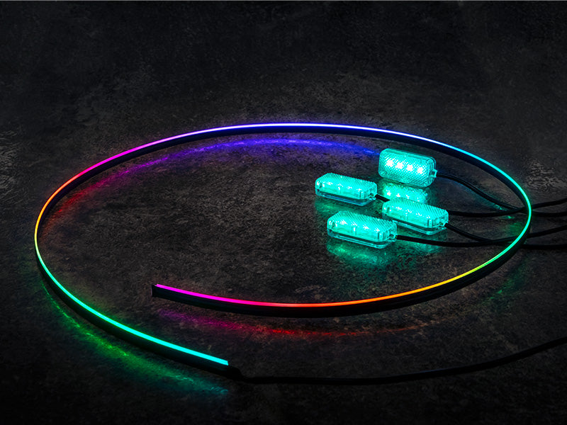 LED RGB Auton Sisävalosarja - Kaukosäädin & APP-ohjaus | 4 Jalkatilan Valoa + 110cm Valonauha
