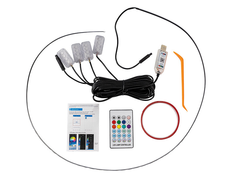 LED RGB Auton Sisävalosarja - Kaukosäädin & APP-ohjaus | 4 Jalkatilan Valoa + 110cm Valonauha
